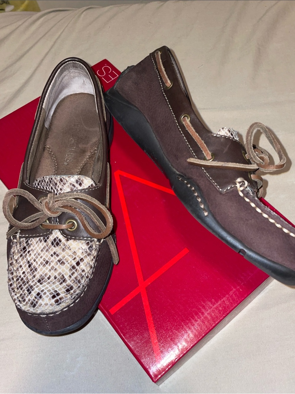 AEROSOLES Brown Suede Loafers with Snake-Print Vamp